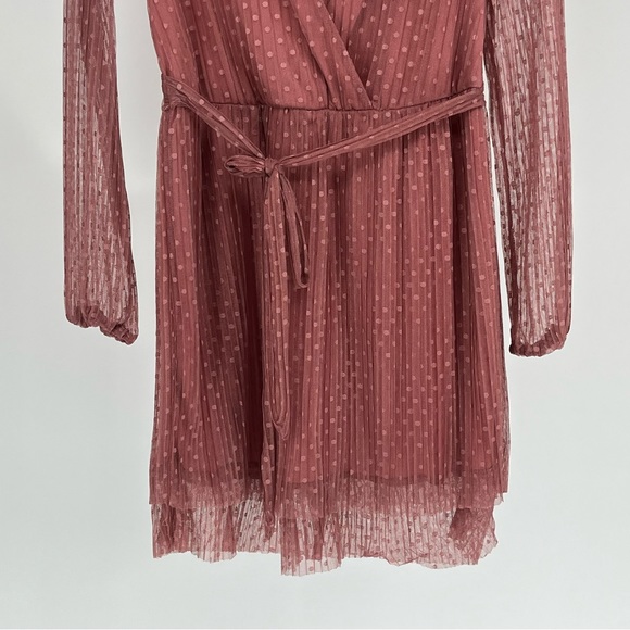 KENEDIK NWT WOMEN’S PLEATED DOT MESH LONG SLEEVE DRESS PINK MAUVE MEDIUM - Picture 6 of 11